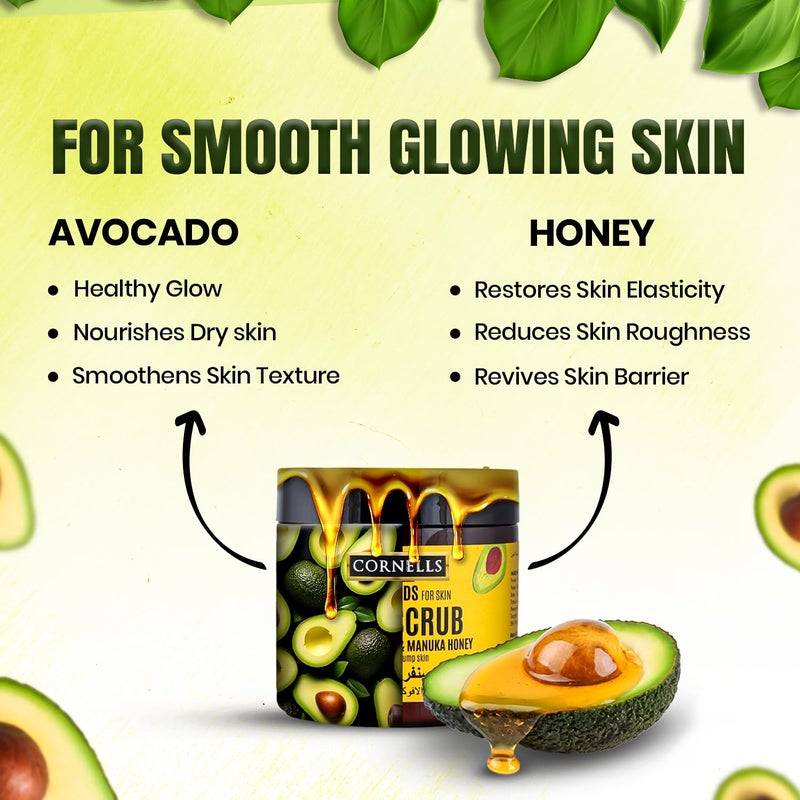 CORNELLS WELLNESS CORNELLS Super Food Avocado & Manuka Honey Body Scrub for Healthy & Plump Skin For Men & Women | Exfoliating & Nourishing Skin - 457ml - Image 3