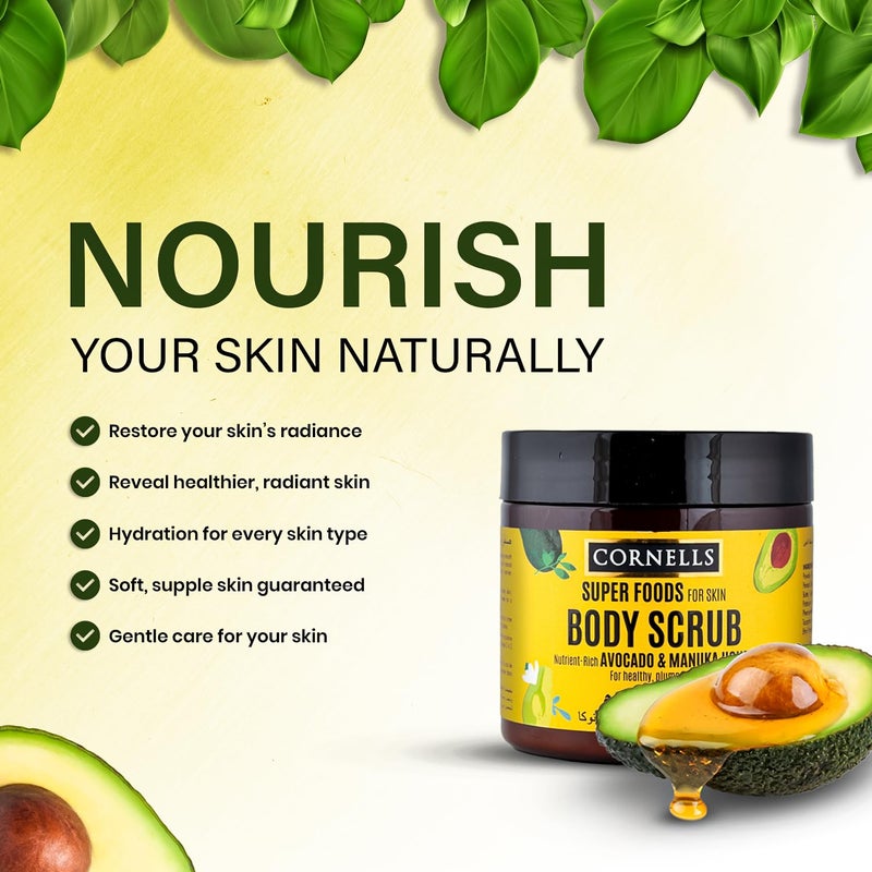 CORNELLS WELLNESS CORNELLS Super Food Avocado & Manuka Honey Body Scrub for Healthy & Plump Skin For Men & Women | Exfoliating & Nourishing Skin - 457ml - Image 2