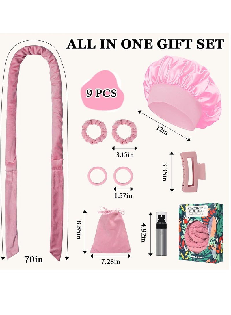 general No Heat Overnight Curl Headband, 70 Soft Ribbon Curl Wrap for Long Hair - 9 PCS Rods Set with Bonnet, Pink - Image 5