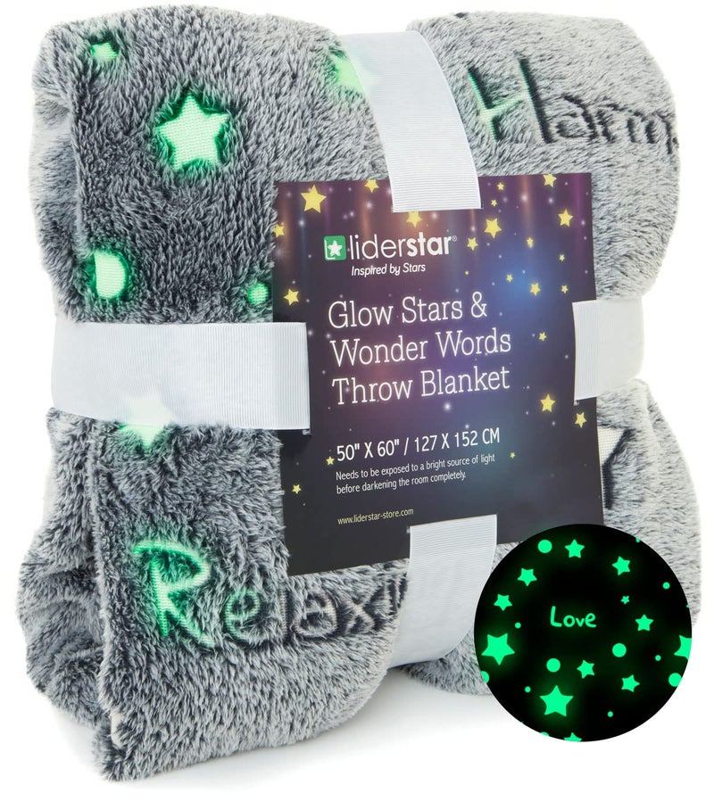 Glow in The Dark Throw BlanketSuper Soft Cozy Furry Plush Fleece Blanket Decorated with Stars and Words of Healing Birthday Gift for Girls Boys Kids Teens Grandkids Toddler Gray50x 60