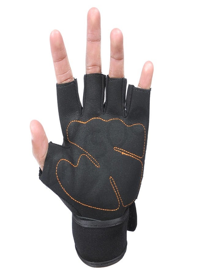 ZaySoo Leather Gym Gloves for Professional Weightlifting, Fitness Training and Workout | with Half-Finger Length, Wrist Wrap for Protection | and Tactical Thumb - Black&Black - Image 4