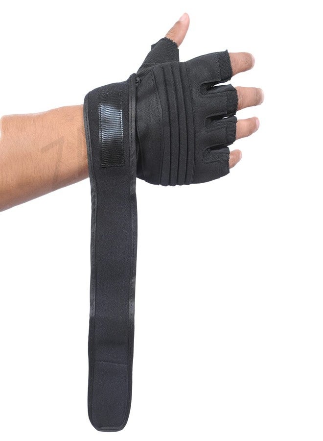 ZaySoo Leather Gym Gloves for Professional Weightlifting, Fitness Training and Workout | with Half-Finger Length, Wrist Wrap for Protection | and Tactical Thumb - Black&Black - Image 2