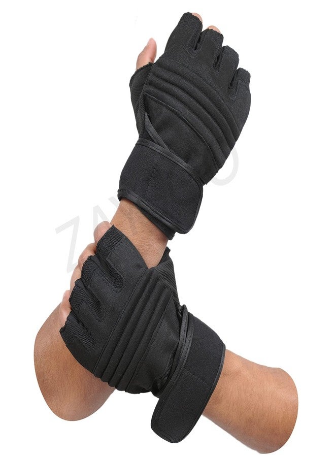 ZaySoo Leather Gym Gloves for Professional Weightlifting, Fitness Training and Workout | with Half-Finger Length, Wrist Wrap for Protection | and Tactical Thumb - Black&Black - Image 5