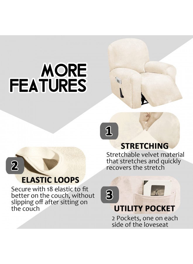 ULTICOR 4-Piece, 1 Seat Recliner Cover, Velvet Stretch Reclining Chair Covers for 1 Cushion Reclining Sofa, Single Seat Recliner Couch Cover, Thick, Very Soft, Machine Washable (Ivory) - Image 2