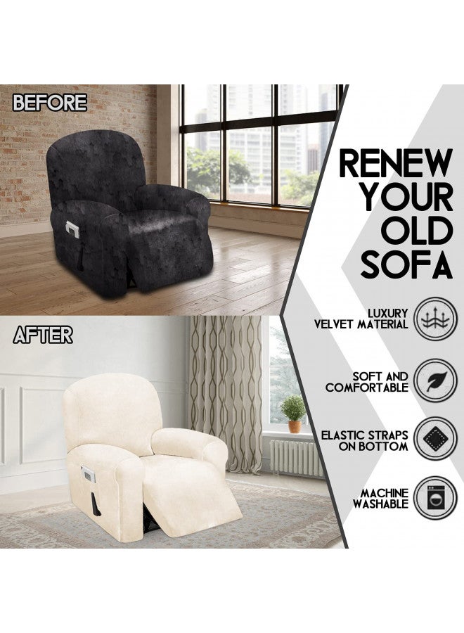 ULTICOR 4-Piece, 1 Seat Recliner Cover, Velvet Stretch Reclining Chair Covers for 1 Cushion Reclining Sofa, Single Seat Recliner Couch Cover, Thick, Very Soft, Machine Washable (Ivory) - Image 1