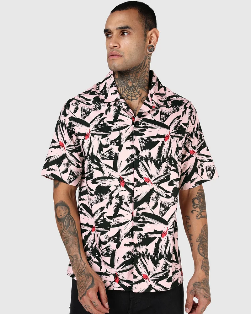 بيواكوف Men's Black & Pink All Over Printed Oversized Shirt