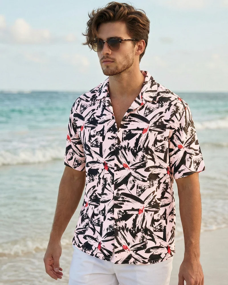 بيواكوف Men's Black & Pink All Over Printed Oversized Shirt
