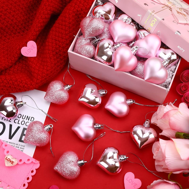 JULMELON 24 Pieces Valentineâ€™s Day Heart Shaped Ornaments, 3D Heart Shaped Bulk Hanging Ornaments, Glossy and Matt Glitter Hearts Hanging Decorations for Valentines Day Tree Decorations Party Home - Image 2