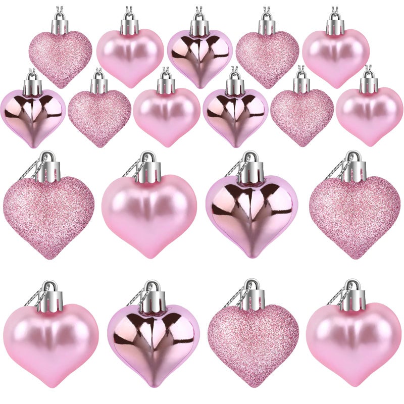 JULMELON 24 Pieces Valentineâ€™s Day Heart Shaped Ornaments, 3D Heart Shaped Bulk Hanging Ornaments, Glossy and Matt Glitter Hearts Hanging Decorations for Valentines Day Tree Decorations Party Home - Image 1