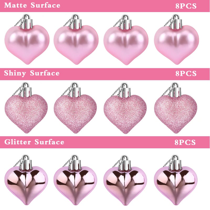 JULMELON 24 Pieces Valentineâ€™s Day Heart Shaped Ornaments, 3D Heart Shaped Bulk Hanging Ornaments, Glossy and Matt Glitter Hearts Hanging Decorations for Valentines Day Tree Decorations Party Home - Image 3