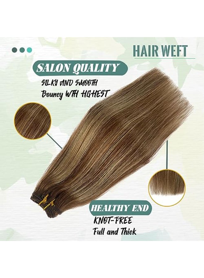 Smavida Sew In Human Hair Extensions Balayage Chestnut Brown Highlighted Beige Blonde Weft 18 Inch Brown Double Weft Natural Straight - Image 3