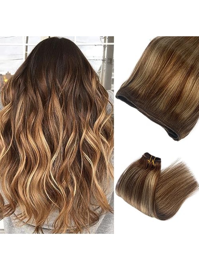 Smavida Sew In Human Hair Extensions Balayage Chestnut Brown Highlighted Beige Blonde Weft 18 Inch Brown Double Weft Natural Straight - Image 1