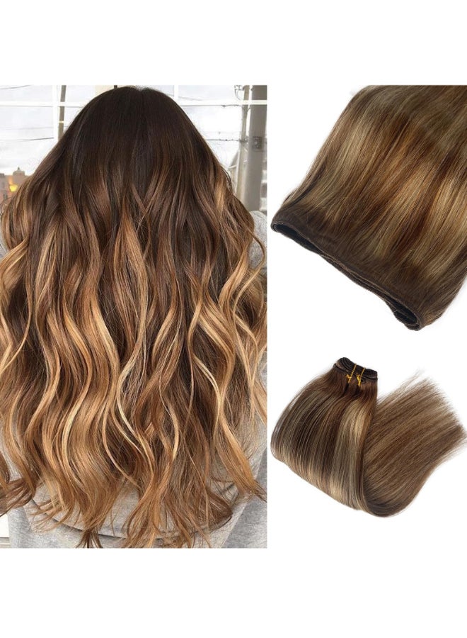 Smavida Sew In Human Hair Extensions Balayage Chestnut Brown Highlighted Beige Blonde Weft 18 Inch Brown Double Weft Natural Straight - Image 2
