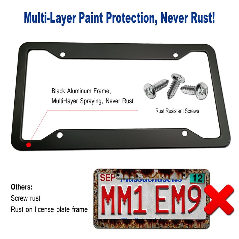 BGGTMO Matte Black Aluminum License Plate Frames- 2 Pack Heavy Duty Car Tag Cover for Front & Rear, 4 Hole Rust Proof Universal Holder, Mount Screws Caps, Inserts, Rattle Proof Pads - Image 2