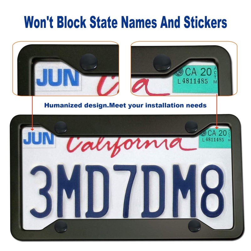 BGGTMO Matte Black Aluminum License Plate Frames- 2 Pack Heavy Duty Car Tag Cover for Front & Rear, 4 Hole Rust Proof Universal Holder, Mount Screws Caps, Inserts, Rattle Proof Pads - Image 4