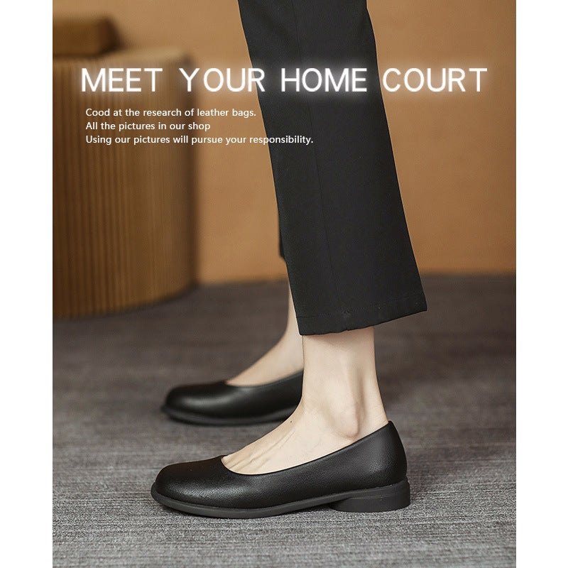 Black Work Shoes For Women, Soft Soles, Comfortable For Work, Thick Heel Flats, Wide Toe Slip-Ons, Stewardess Professional Flats Small Leather Shoes - Image 3