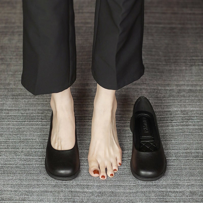 Black Work Shoes For Women, Soft Soles, Comfortable For Work, Thick Heel Flats, Wide Toe Slip-Ons, Stewardess Professional Flats Small Leather Shoes - Image 2