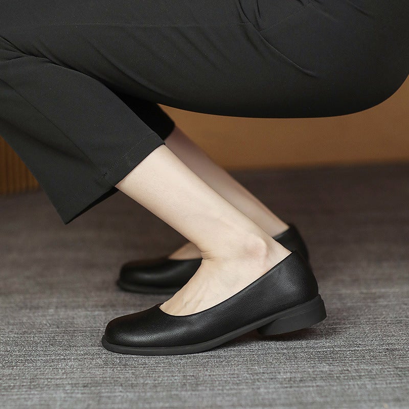 Black Work Shoes For Women, Soft Soles, Comfortable For Work, Thick Heel Flats, Wide Toe Slip-Ons, Stewardess Professional Flats Small Leather Shoes - Image 5