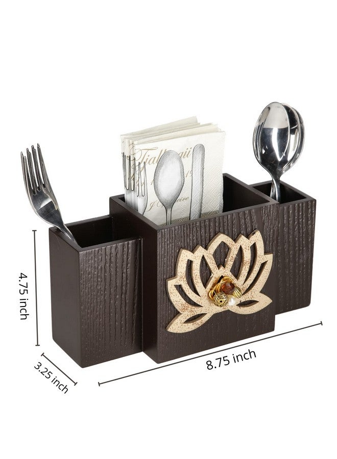 COCKTAIL Decorative Wooden Mdf Spoon Stand With 3 Sections, Cutlery Stand, Spoon Holder For Dining Table, Multifunctional Organizer Stand For Kitchen, Brown (Laser Lotus) - Image 2