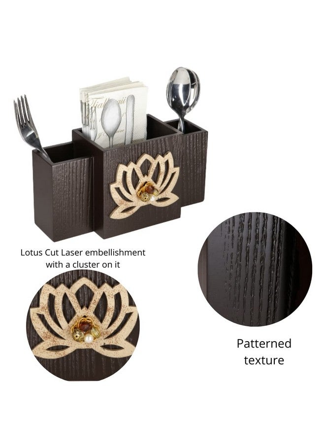 COCKTAIL Decorative Wooden Mdf Spoon Stand With 3 Sections, Cutlery Stand, Spoon Holder For Dining Table, Multifunctional Organizer Stand For Kitchen, Brown (Laser Lotus) - Image 4