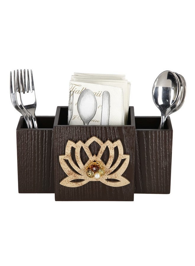 COCKTAIL Decorative Wooden Mdf Spoon Stand With 3 Sections, Cutlery Stand, Spoon Holder For Dining Table, Multifunctional Organizer Stand For Kitchen, Brown (Laser Lotus) - Image 1