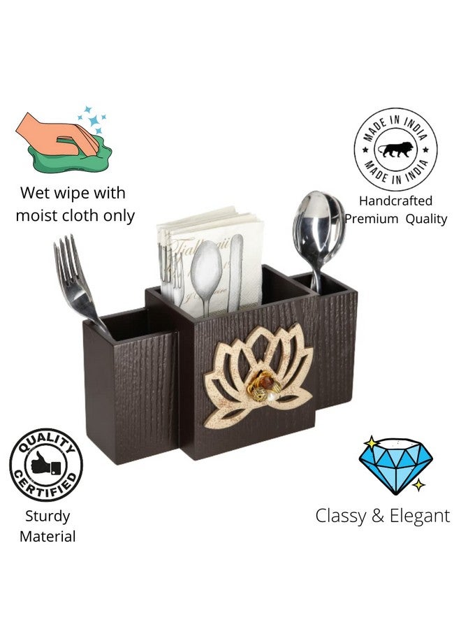 COCKTAIL Decorative Wooden Mdf Spoon Stand With 3 Sections, Cutlery Stand, Spoon Holder For Dining Table, Multifunctional Organizer Stand For Kitchen, Brown (Laser Lotus) - Image 5