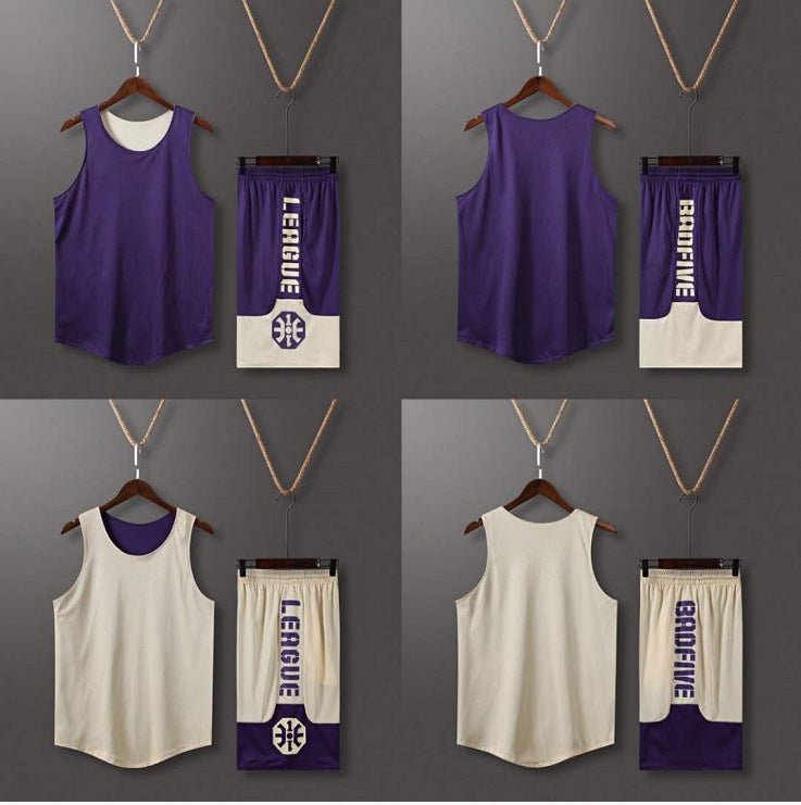 Generic Double-sided basketball uniform suit mens printed competition sports vest clothes double-sided team uniform basketball shirt printing rice white with purple