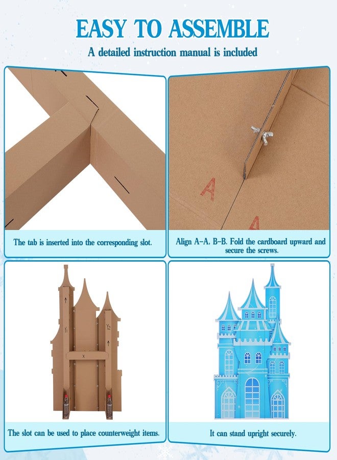 EARTHSON 5.2 Ft Tall Cardboard Castle Large Ice Princess Castle Winter Snowflake Party Decorations Blue Castle Fort Backdrop - Image 3