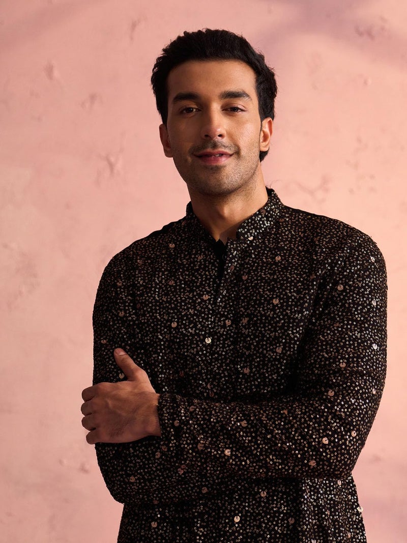 VASTRAMAY Men's Black Georgette Kurta | Perfect for Navratri - Image 5