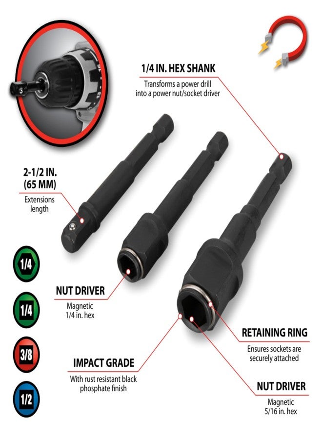 Performance Tool W2962 3 pc. 2-in-1 Drive Socket Adapter Set, Impact-Grade Chrome Vanadium Steel, Nut Driver Attachments, Socket Extensions, Black - Image 3