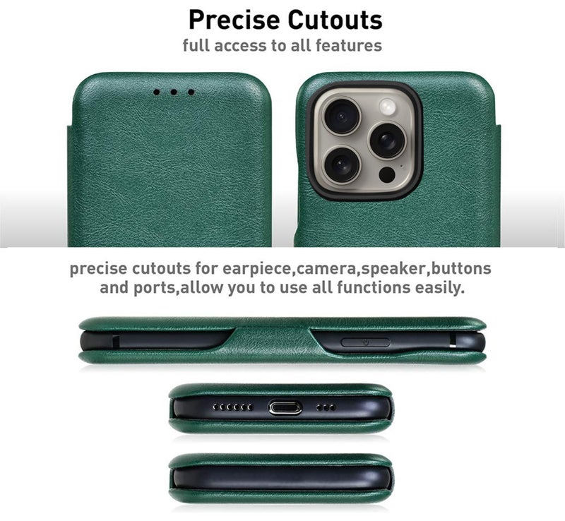 PULOKA for IPHONE 15 PRO MAX - Sleek Flip Case - Premium Vegan Leather Phone Cover with Card Slot - Slim, Durable, Privacy Protection - Kickstand Function - Elegant Flip Wallet Cases for Apple - Green - Image 3