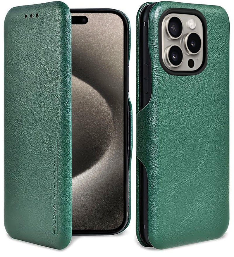 PULOKA for IPHONE 15 PRO MAX - Sleek Flip Case - Premium Vegan Leather Phone Cover with Card Slot - Slim, Durable, Privacy Protection - Kickstand Function - Elegant Flip Wallet Cases for Apple - Green - Image 1