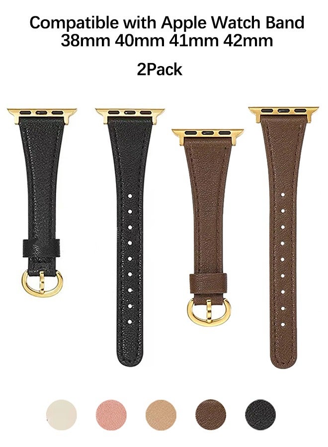 OLYSON For Apple Watch Leather Band Strap, Compatible with Apple Watch Band 38mm 40mm 41mm 42mm Women, Top Grain Genuine Leather Strap Thin Watch Wristband for iWatch Series10 9 8 7 6 5 4 3 2 1 SE Ultra 2 , ( 2 Pack: Black﻿＆Brown ) - Image 1