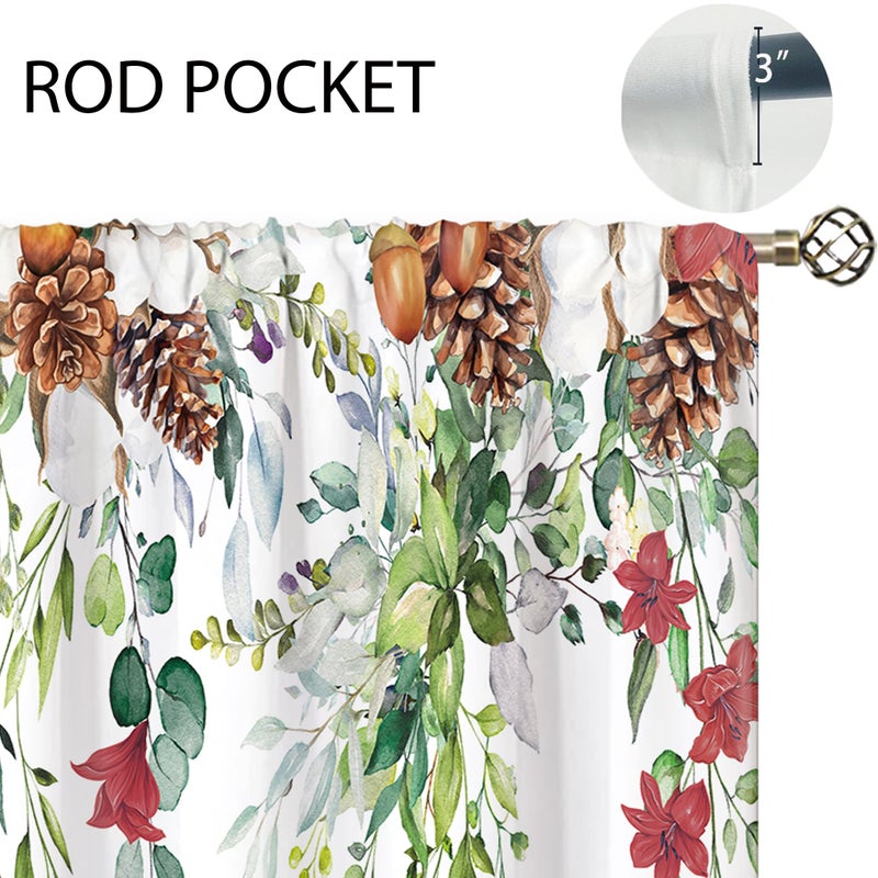 oolygoo Red Flower Eucalyptus Botanical Leaves Sage Green Christmas Floral Kitchen Window Curtains Over Sink Leaf Small Treatment Cafe Short Curtains for Bathroom Treatment Tier Drapes 27.5x39 inch - Image 5