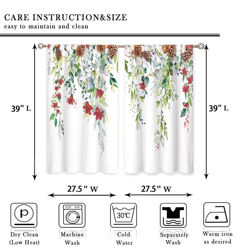 oolygoo Red Flower Eucalyptus Botanical Leaves Sage Green Christmas Floral Kitchen Window Curtains Over Sink Leaf Small Treatment Cafe Short Curtains for Bathroom Treatment Tier Drapes 27.5x39 inch - Image 2