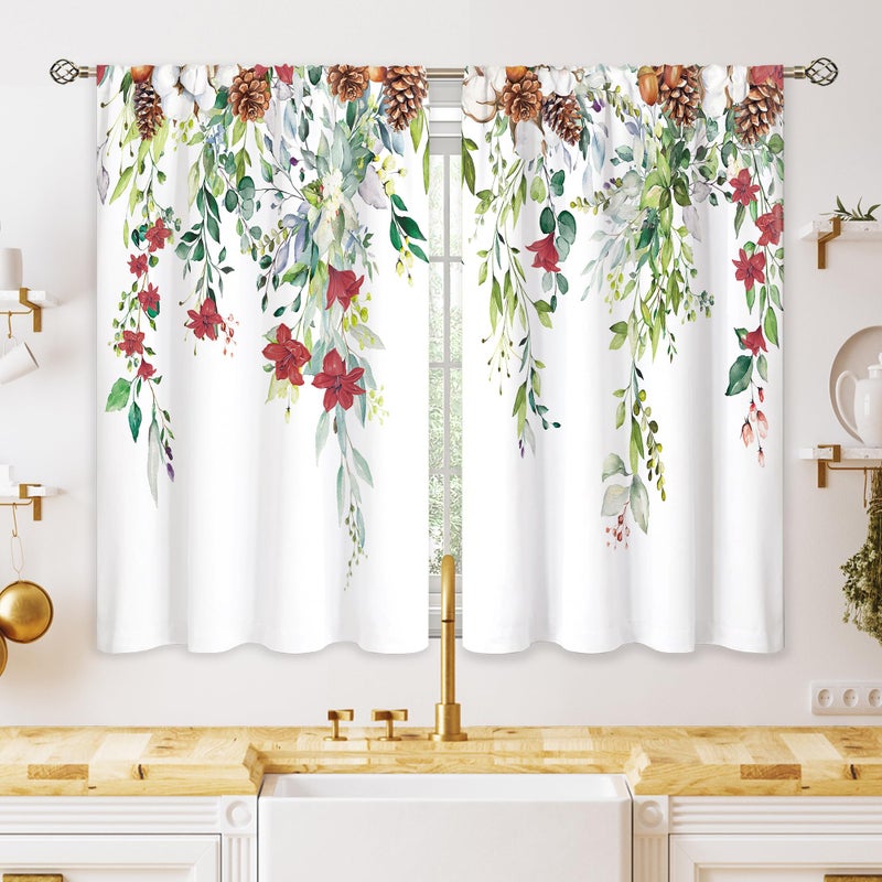 oolygoo Red Flower Eucalyptus Botanical Leaves Sage Green Christmas Floral Kitchen Window Curtains Over Sink Leaf Small Treatment Cafe Short Curtains for Bathroom Treatment Tier Drapes 27.5x39 inch - Image 1