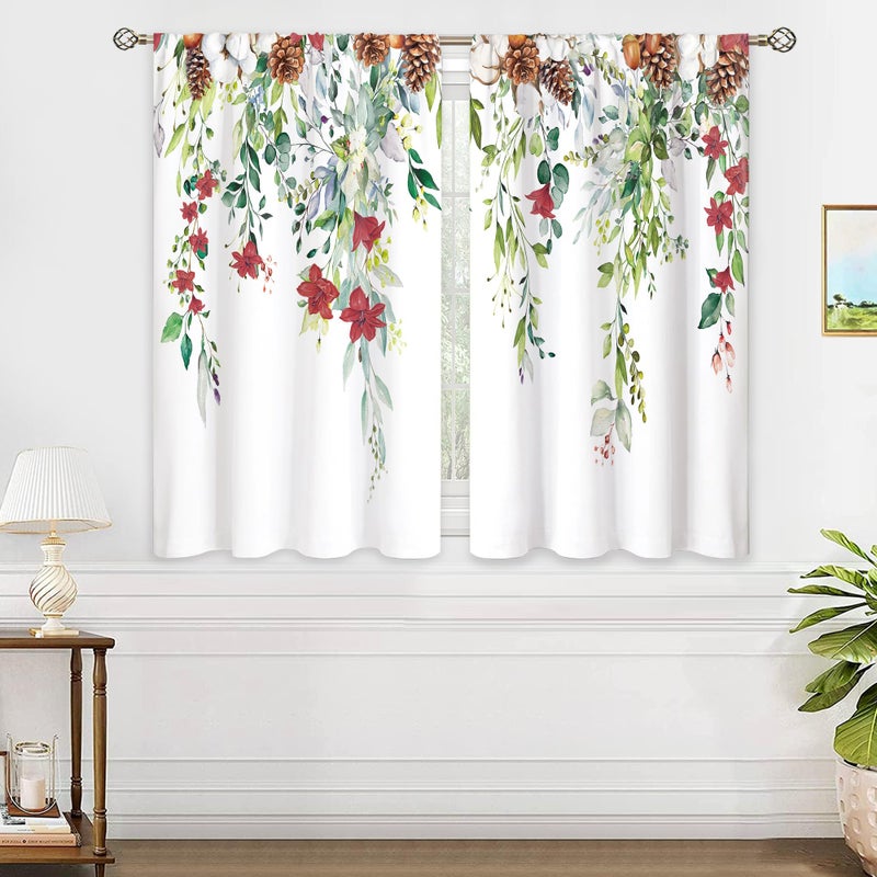 oolygoo Red Flower Eucalyptus Botanical Leaves Sage Green Christmas Floral Kitchen Window Curtains Over Sink Leaf Small Treatment Cafe Short Curtains for Bathroom Treatment Tier Drapes 27.5x39 inch - Image 4