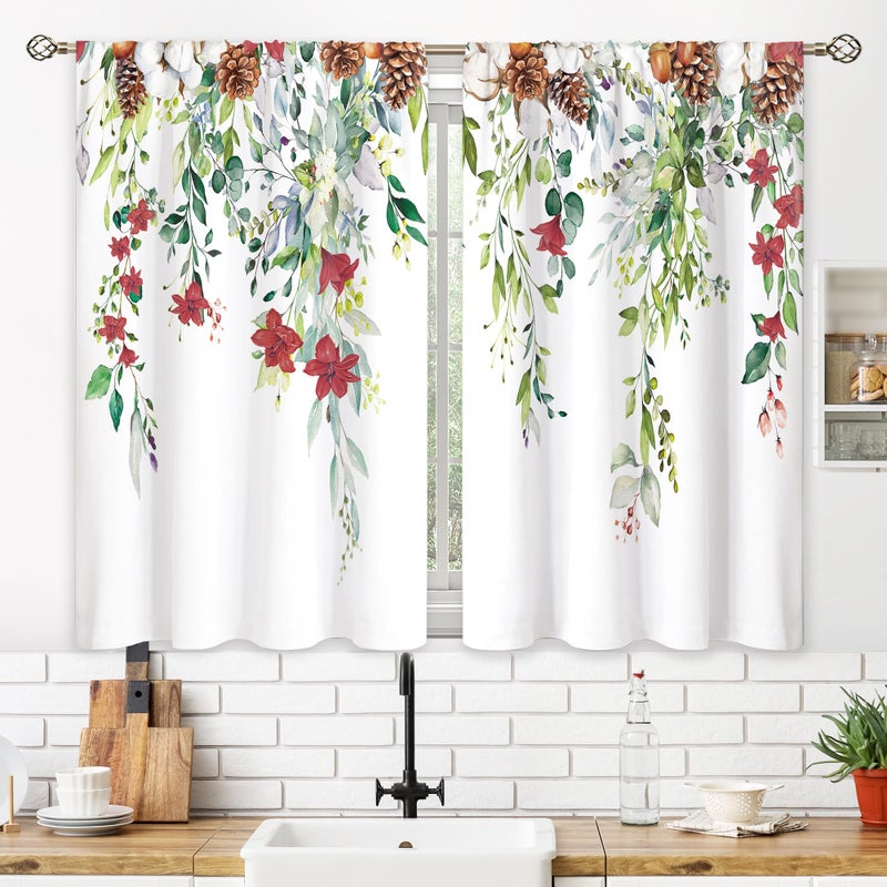 oolygoo Red Flower Eucalyptus Botanical Leaves Sage Green Christmas Floral Kitchen Window Curtains Over Sink Leaf Small Treatment Cafe Short Curtains for Bathroom Treatment Tier Drapes 27.5x39 inch - Image 3