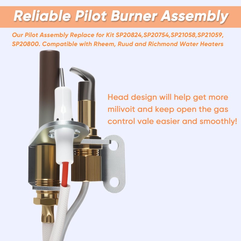 Hoeine Pilot Assembly for Water Heater Parts Compatible with Rheem Ruud Richmond SP21058 SP20824 SP20754 SP20800 | NG/LP Universal Burner Ignition Replacement Kit with Thermopile & Sparker - Image 2