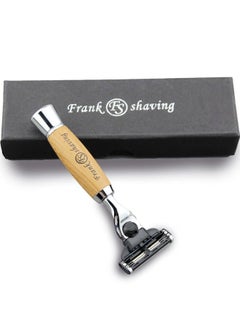 Manual Razor, 3 Blade Razor with Natural Bamboo Handle,Unisex Sustainable Razor Diamond Wood Grain Pattern Handle Shaving Razor