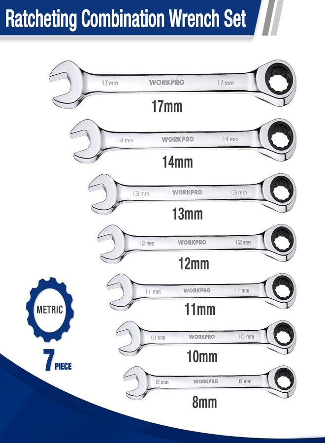 WORKPRO 7-Piece Ratcheting Combination Wrench Set, 72 Teeth, Cr-V Constructed, Combo Ratchet Wrenches Set with Roll Up Pouch, Metric 8mm-17mm - Image 2