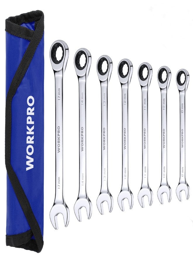 WORKPRO 7-Piece Ratcheting Combination Wrench Set, 72 Teeth, Cr-V Constructed, Combo Ratchet Wrenches Set with Roll Up Pouch, Metric 8mm-17mm - Image 1