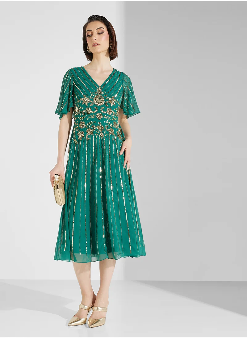 فروك اند فرل V-Neck Sequin Midi Dress