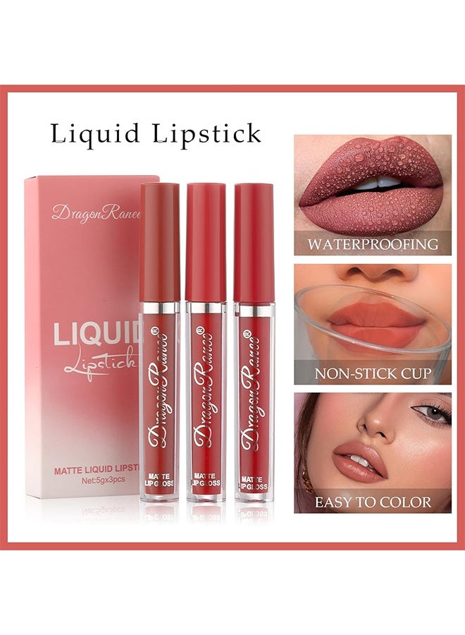 Dragon Ranee Liquid Lipstick, Matte Liquid Lipstick Set 3 Colors, Long Lasting Non-Sticky Cup Velvet Matte Lip Gloss, Waterproof Transferproof Nude Brown Red Liquid Lip Makeup Kit For Daily Party A - Image 4