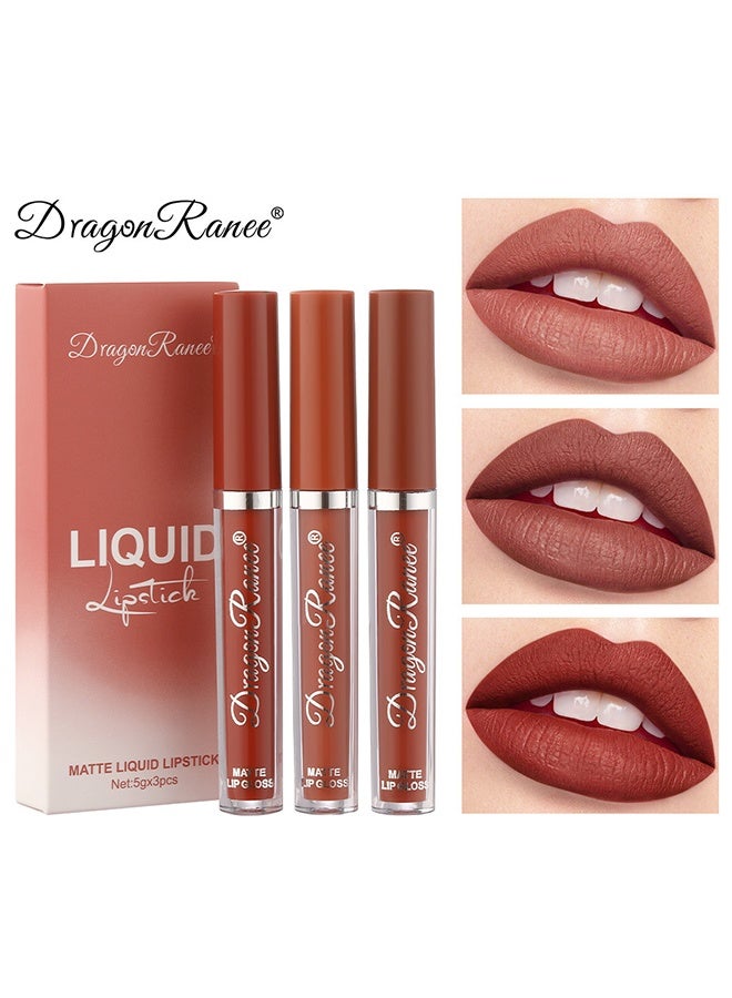 Dragon Ranee Liquid Lipstick, Matte Liquid Lipstick Set 3 Colors, Long Lasting Non-Sticky Cup Velvet Matte Lip Gloss, Waterproof Transferproof Nude Brown Red Liquid Lip Makeup Kit For Daily Party A - Image 1