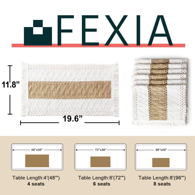 FEXIA Boho Placemats Set of 6, Macrame Table Decor Farmhouse Style Placemats in Natural Cotton Burlap, for Kitchen and Dining Table Centerpiece Home Decorationsï¼ˆBeige & Brownï¼‰ - Image 2