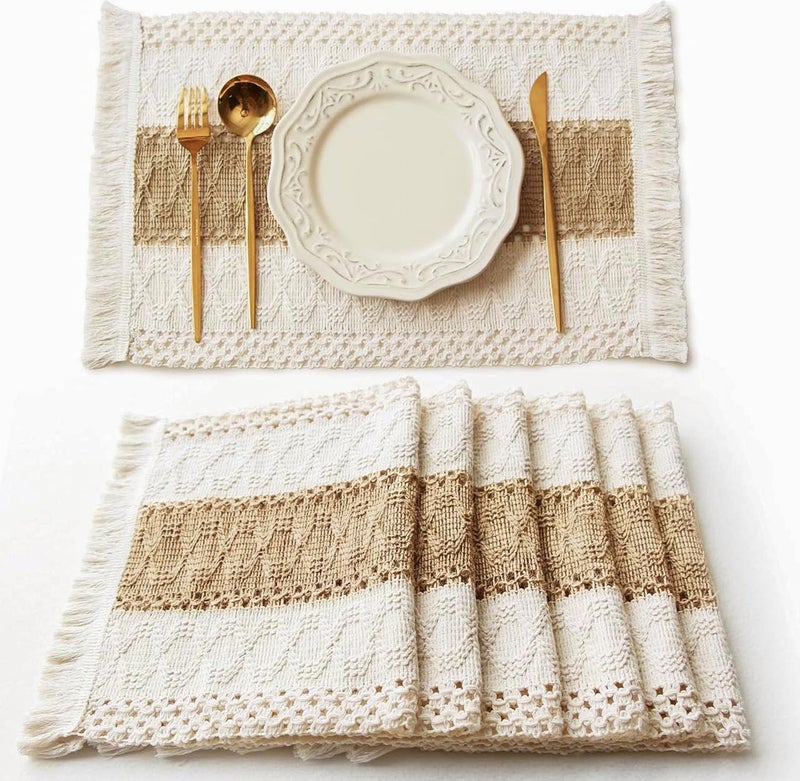 FEXIA Boho Placemats Set of 6, Macrame Table Decor Farmhouse Style Placemats in Natural Cotton Burlap, for Kitchen and Dining Table Centerpiece Home Decorationsï¼ˆBeige & Brownï¼‰ - Image 1