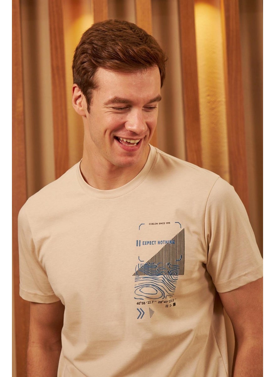 Odelon - Men's Comfort Fit Printed Cotton T-Shirt Ecru MARS16 - Image 1