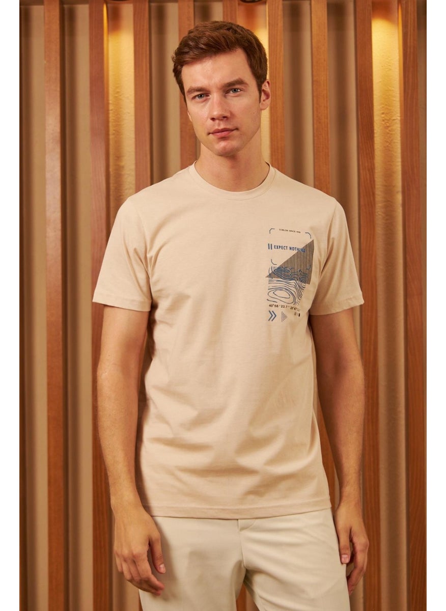 Odelon - Men's Comfort Fit Printed Cotton T-Shirt Ecru MARS16 - Image 1