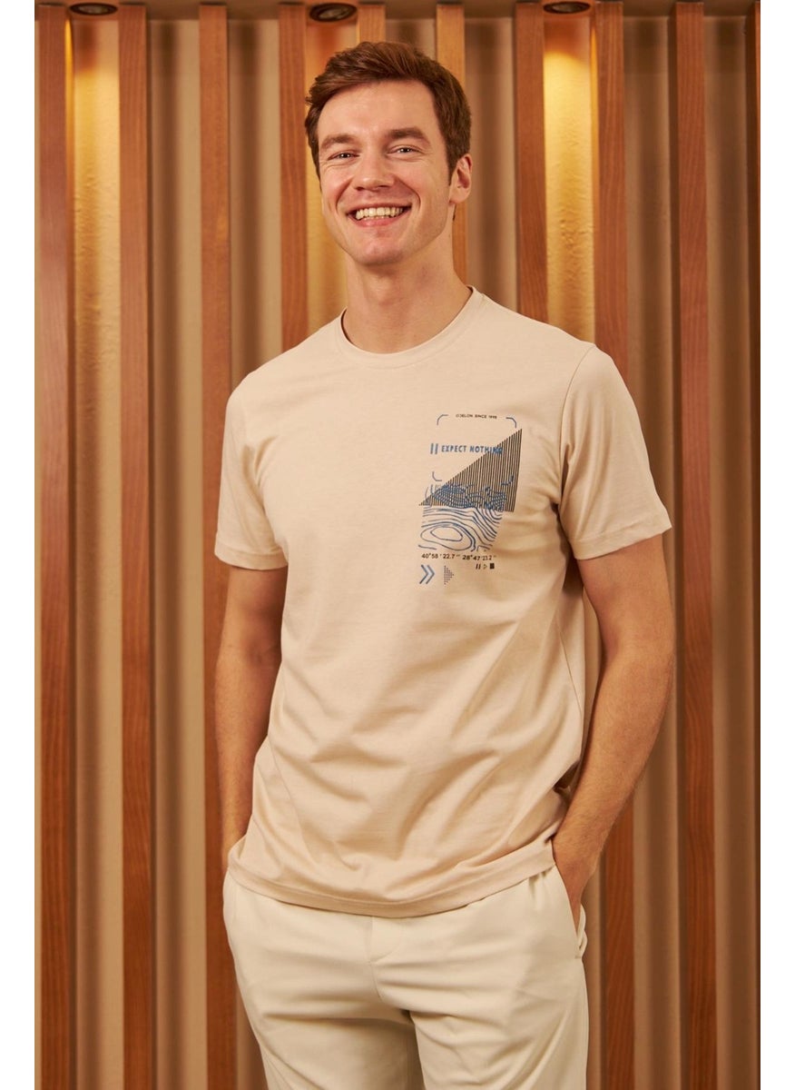 Odelon - Men's Comfort Fit Printed Cotton T-Shirt Ecru MARS16 - Image 1